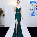 Emerald green sequined mermaid gown with plunging neckline and high slit for banquet elegant annual meetings