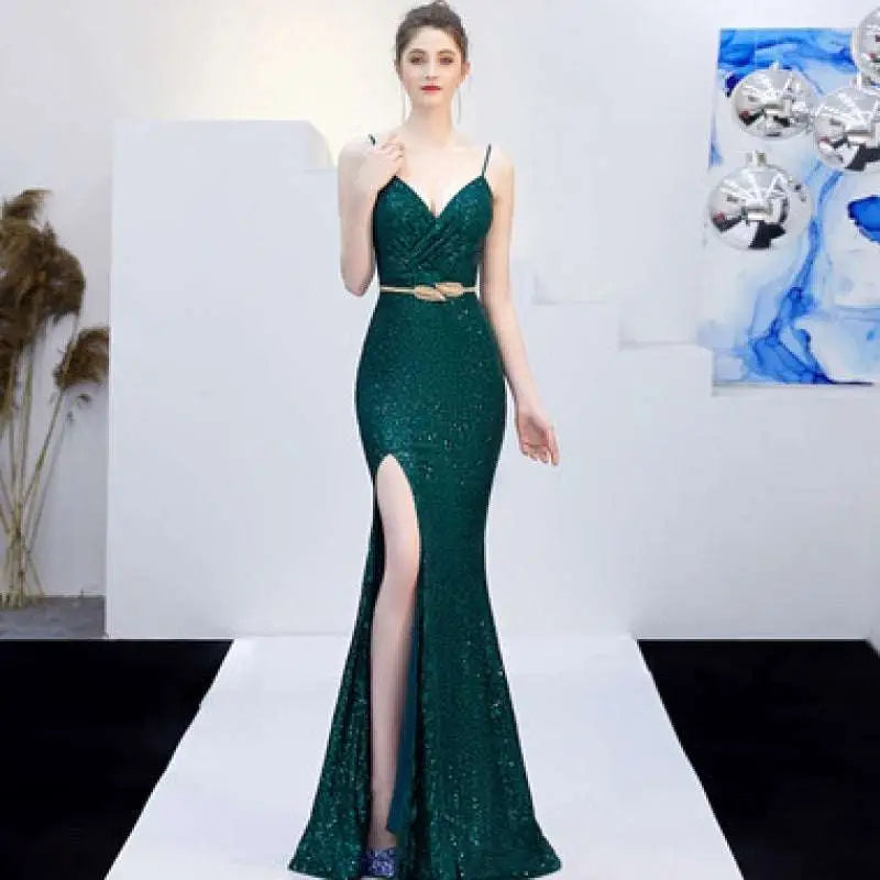 Emerald green sequined mermaid gown with plunging neckline and high slit for banquet elegant annual meetings