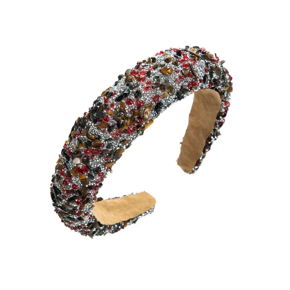 Baroque colorful headband with sparkling gemstones in red black and gold-toned stones design adorned for elegance