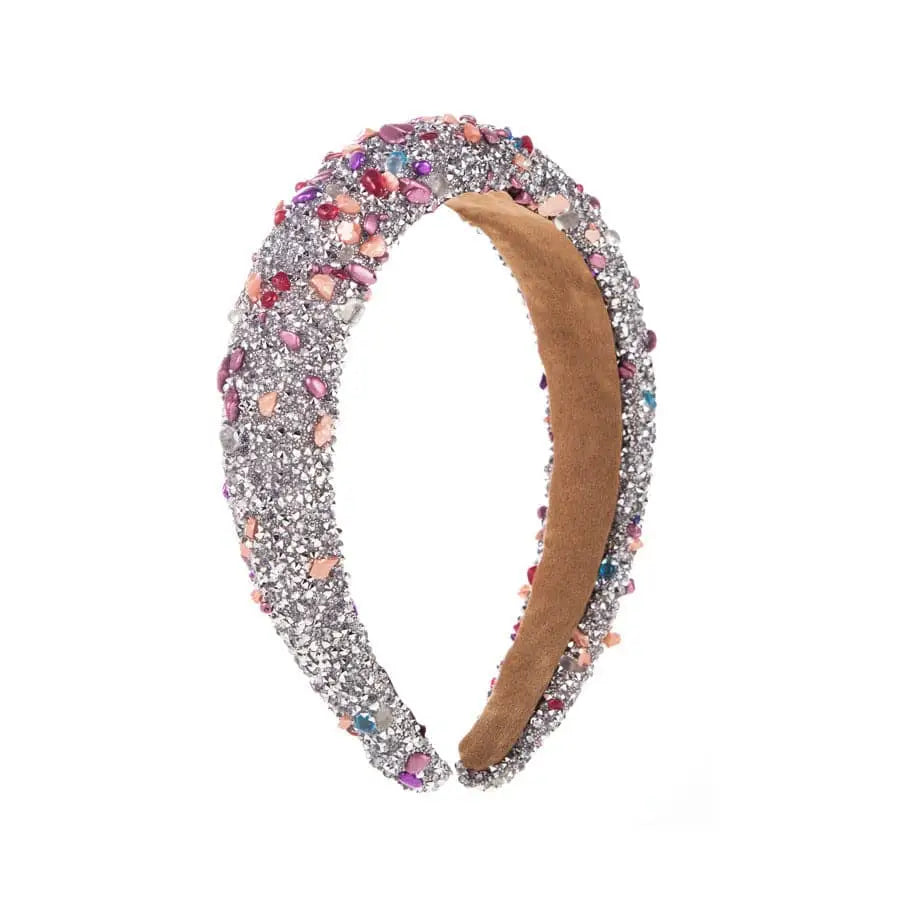 Baroque colorful headband with sparkling gemstones design adorned in silver and soft brown suede interior