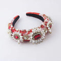 Baroque light luxury rhinestone pearl headband with red and white pattern, pearl beads, gold accents, and red gemstones