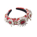 Baroque light luxury rhinestone pearl headband with red and white floral pattern, ruby gemstones, pearls, and gold accents