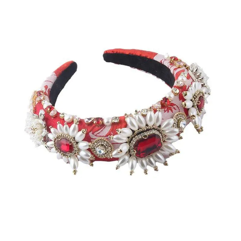 Baroque light luxury rhinestone pearl headband with red and white floral pattern, ruby gemstones, pearls, and gold accents