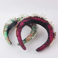 Elegant baroque light luxury velvet headband adorned with floral patterns, pearls, gold beads, and rhinestones