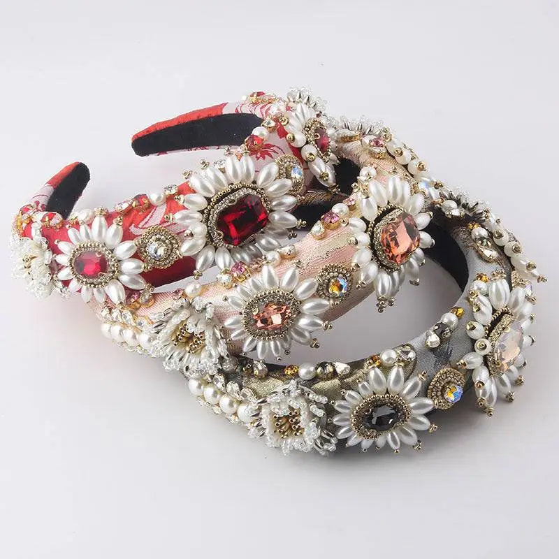 Baroque light luxury rhinestone pearl headband set featuring ornate floral patterns with pearls crystals and rhinestones
