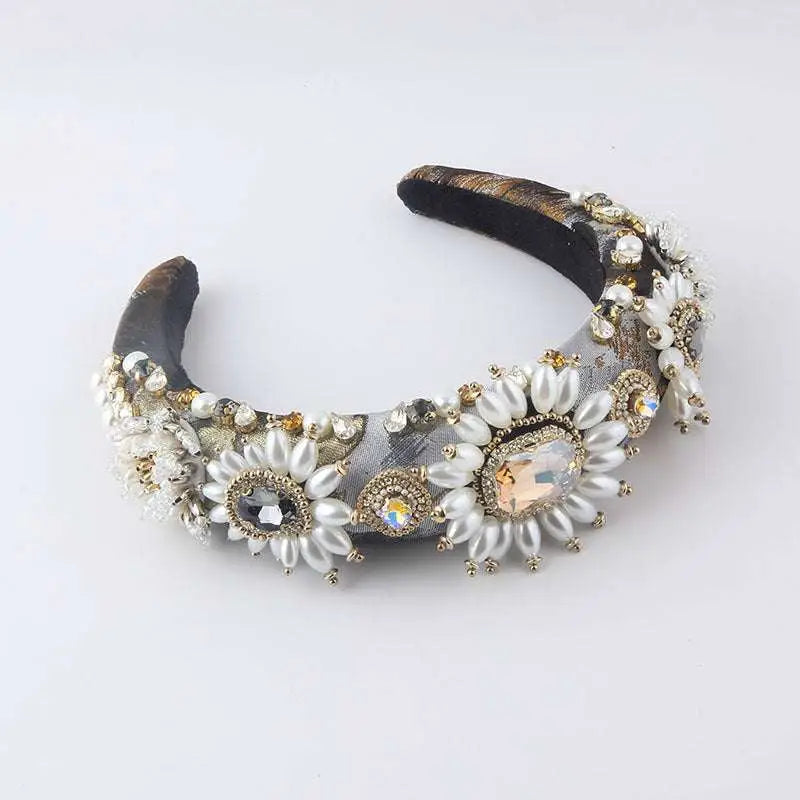 Elegant baroque light luxury rhinestone pearl headband with silver and gold floral design featuring crystals and pearls