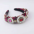 Baroque light luxury burgundy velvet rhinestone pearl headband with floral gold metalwork and pink red gemstones