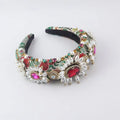Baroque light luxury rhinestone pearl headband with red and pink gemstones, white pearls, gold accents, and embroidered fabric