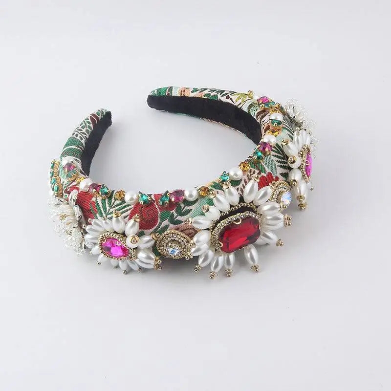 Baroque light luxury rhinestone pearl headband with red and pink gemstones, white pearls, gold accents, and embroidered fabric