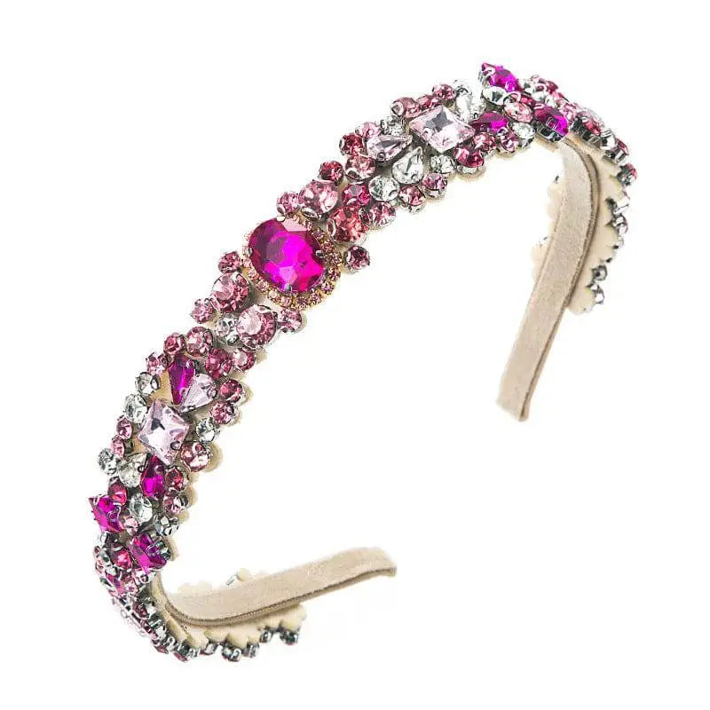 Baroque vintage court style headband featuring sparkling pink and clear rhinestones with soft beige velvet interior