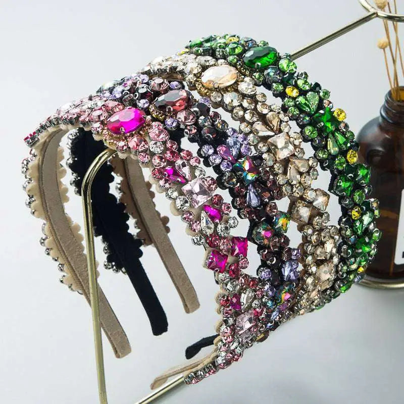 Baroque vintage court style headband featuring dazzling pink green purple and clear rhinestones in intricate pattern