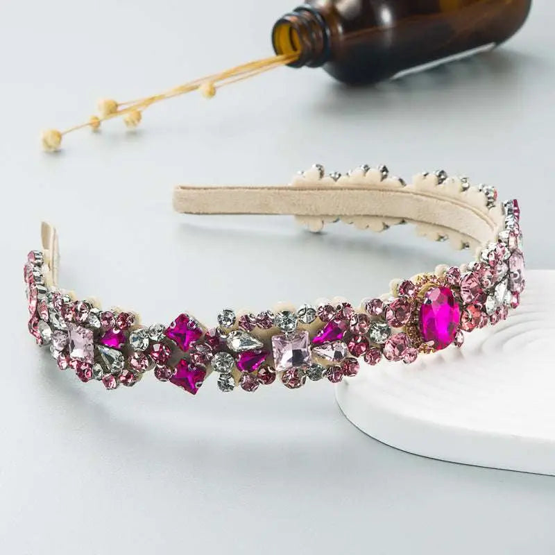 Baroque vintage court style headband featuring sparkling pink and silver rhinestones with beige velvet band