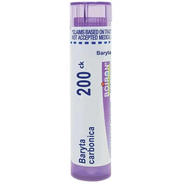 Purple-tinted cylindrical tube of boiron baryta carbonica 200ck homeopathic remedy for boiron usa single medicines
