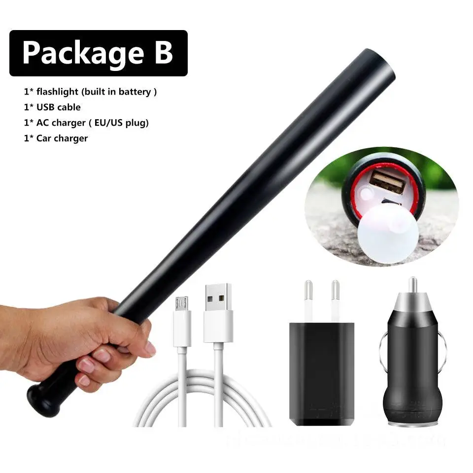 Black baseball bat powerbank usb charging stick with integrated led bulbs flashlight torch and multiple accessories