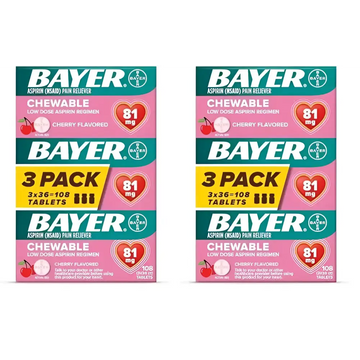 Bayer aspirin low dose cherry chewable 216 tablets in a 3-pack box for heart attack prevention