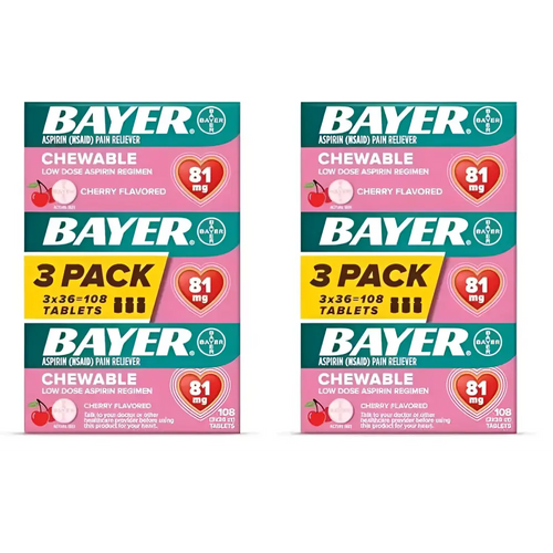 Bayer aspirin low dose cherry chewable 216 tablets in a 3-pack box for heart attack prevention