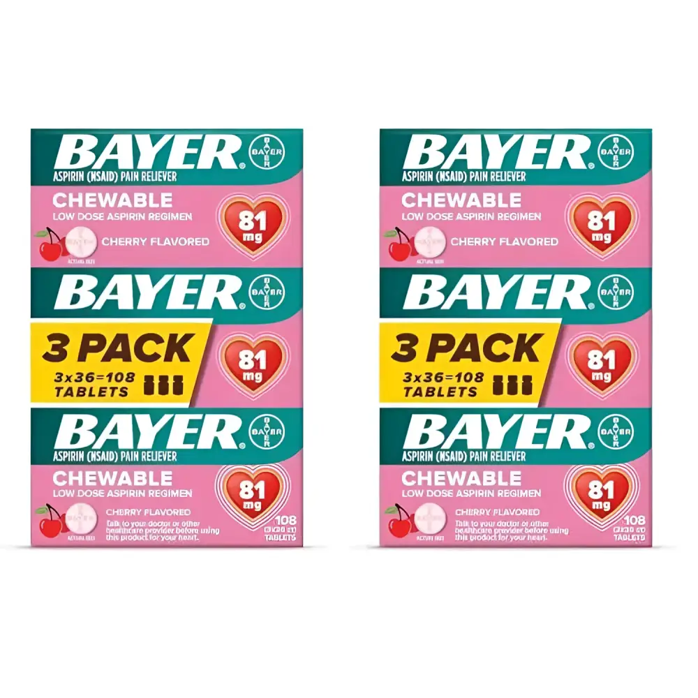 Bayer aspirin low dose cherry chewable tablets in a 3-pack box for heart attack prevention containing 216 tablets