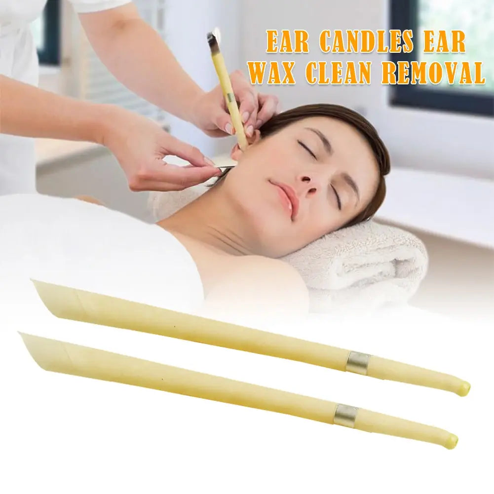 two pale yellow coning beewax natural ear candles with metallic silver bands near the handles for ear healthy care and wax removal