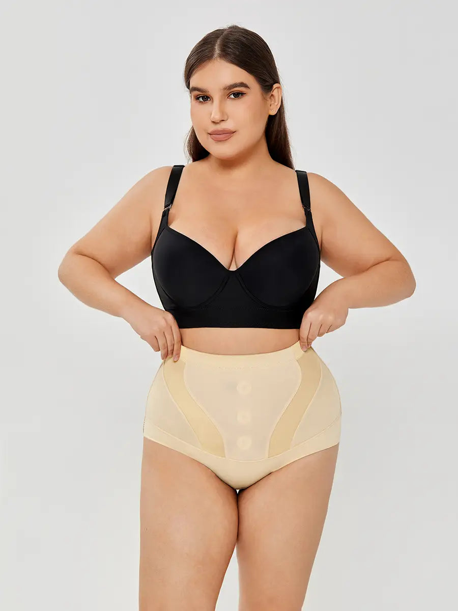 Black underwire bra with adjustable straps paired with beige womens tummy control high waist shapewear pants featuring a sheer panel mesh design.