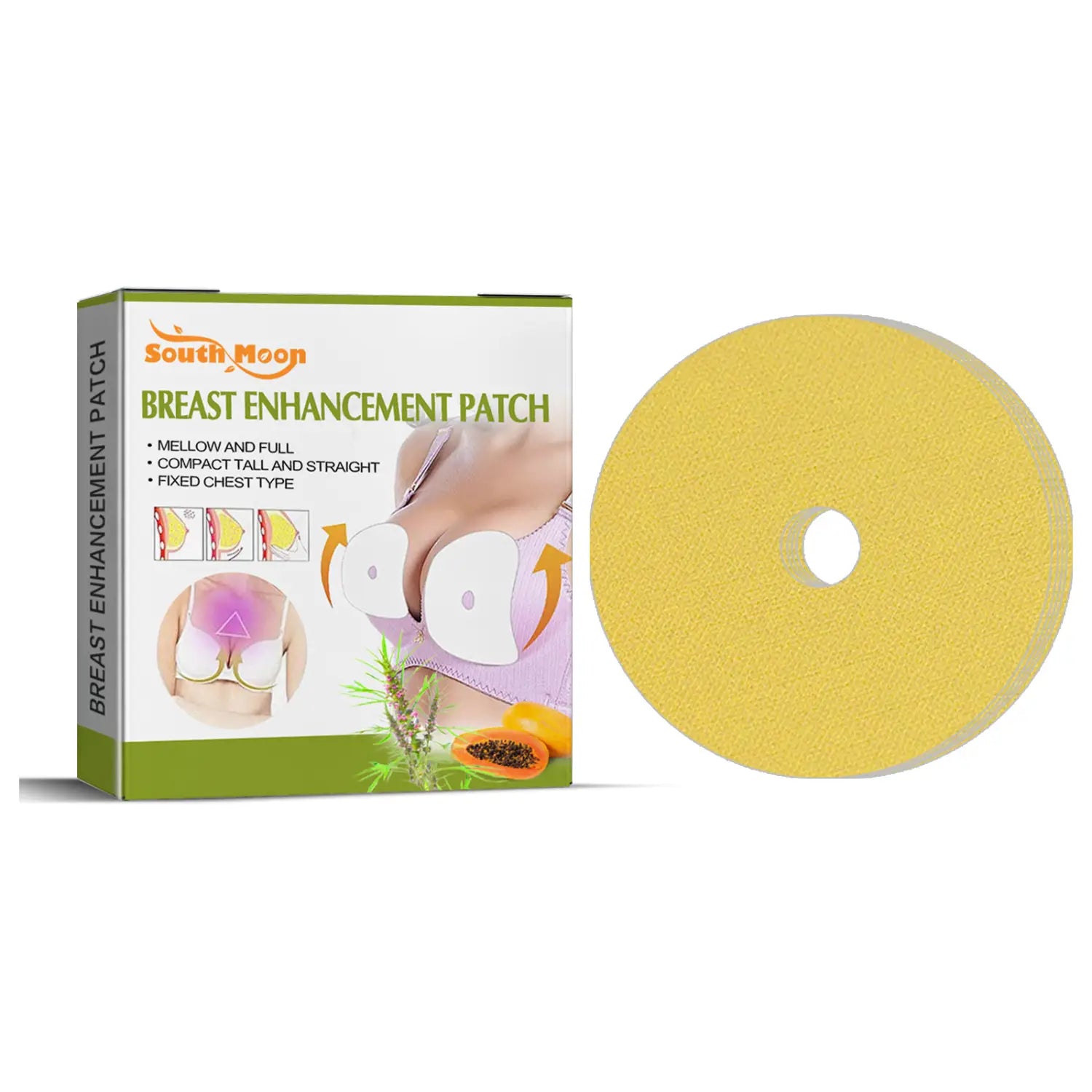yellow circular breast enhancement patch with a central hole and textured surface designed for lifting and firming as part of breast enhancement patches