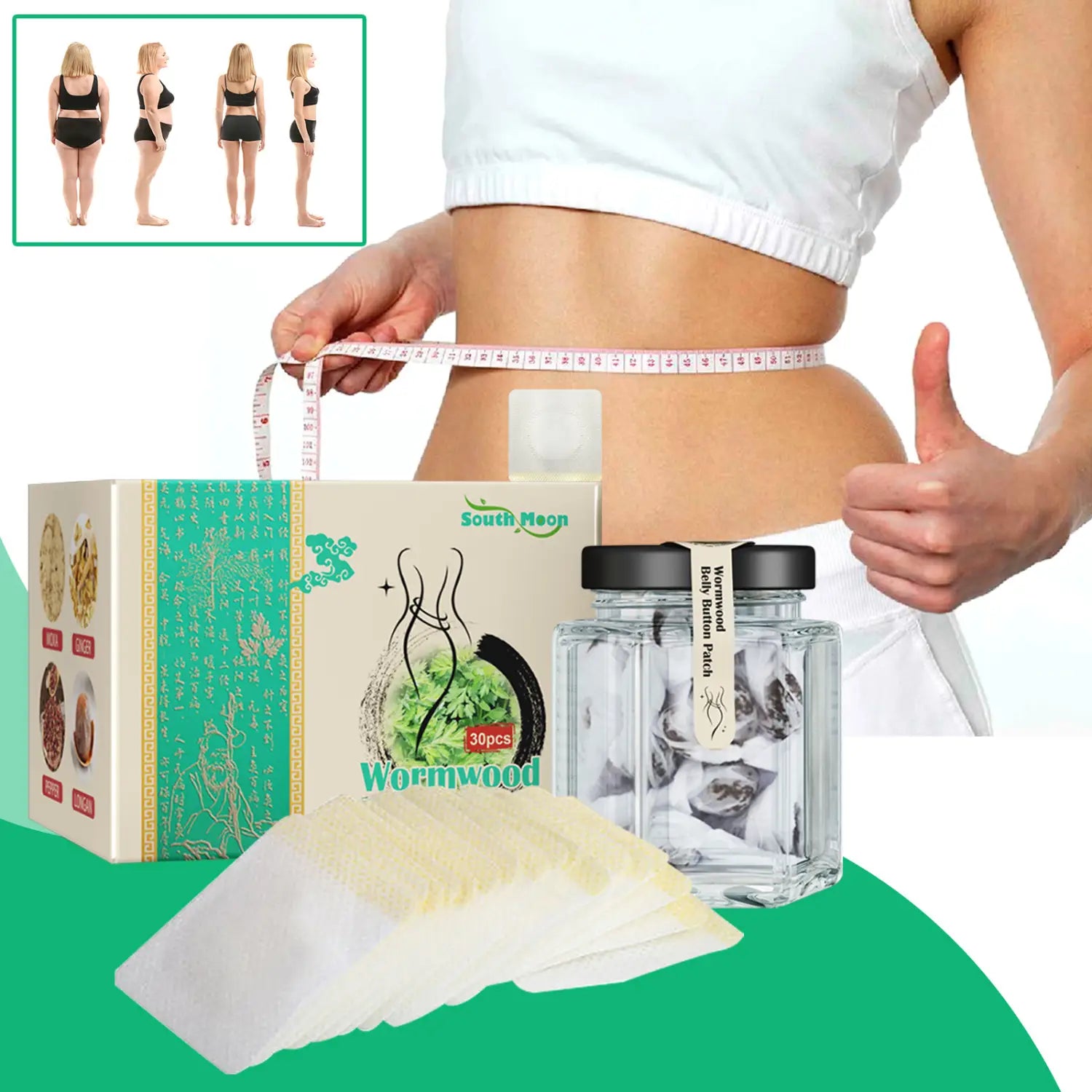 clear glass jars with black lids containing south moon wormwood body pack 30-piece sets designed as a weight loss patch for herbal weight loss use.
