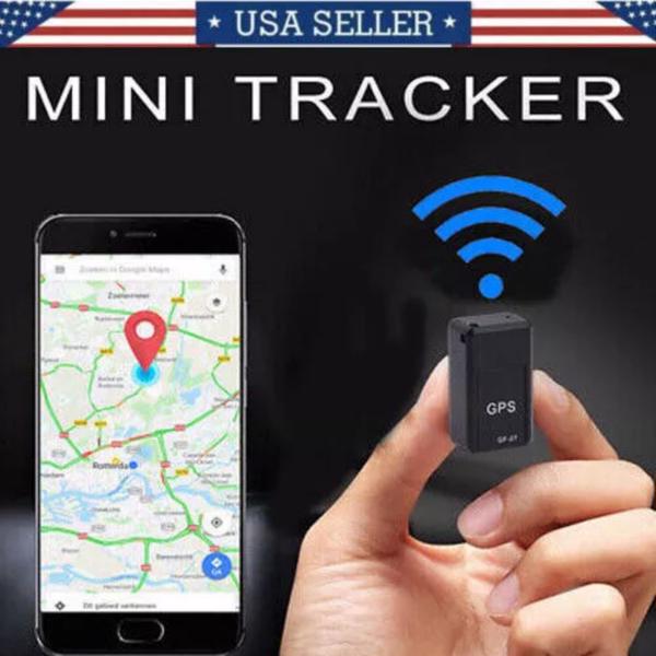 black rectangular magnetic GF07 mini GPS real time tracker labeled GPS and model number GP-81 held in hand next to smartphone displaying map with location pin