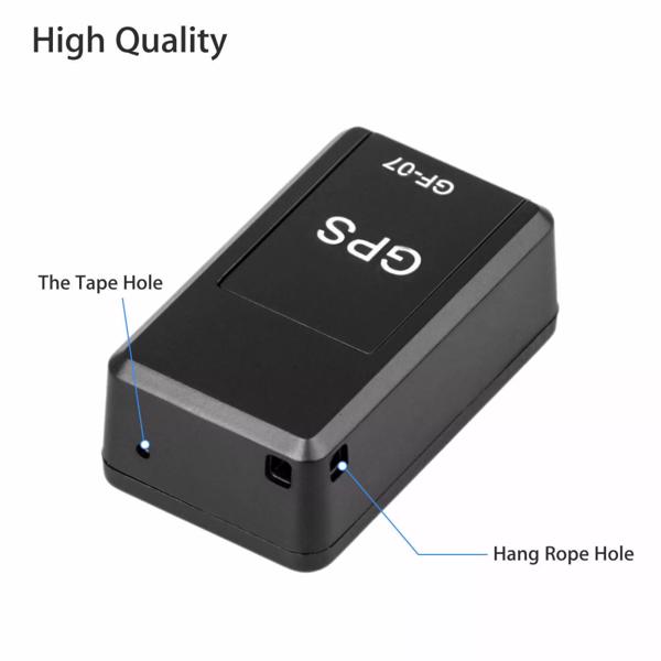 Black rectangular magnetic gf07 mini gps real time tracker with gps and gf-07 printed in white on the top surface.