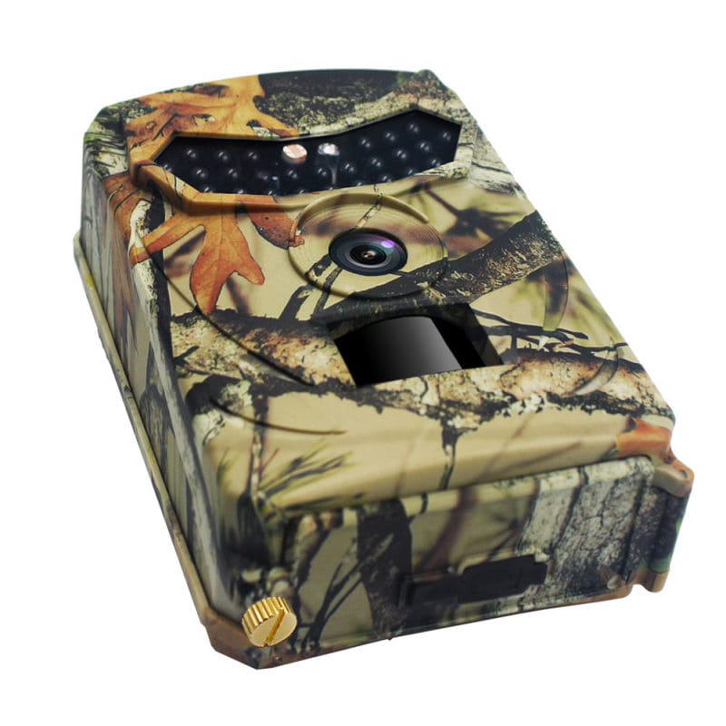 Camouflage-patterned waterproof 1080p trail camera with night vision featuring a black lens and sensor array.