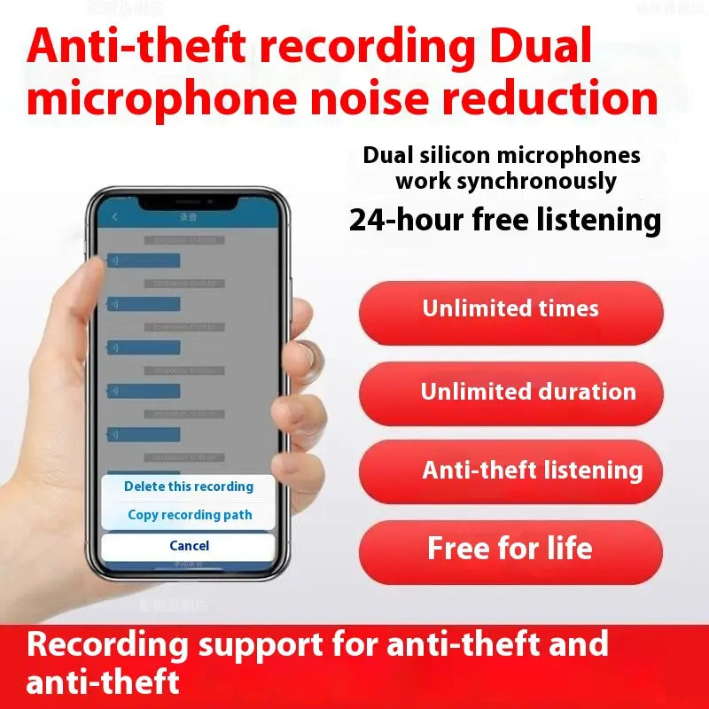 Smartphone with black frame displaying a recording interface for a GPS car tracker featuring dual microphone recording.
