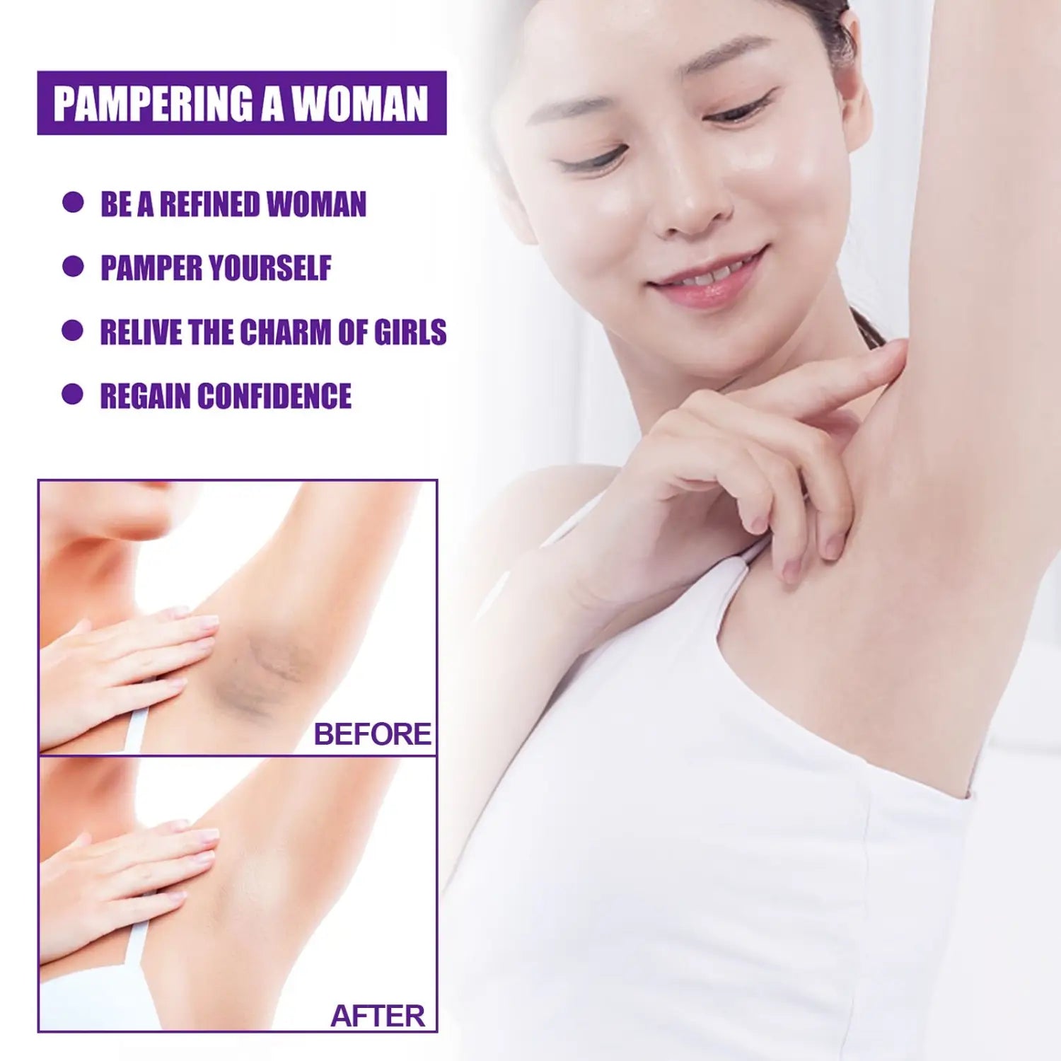 A woman wearing a white tank top displays the eelhoe rejuvenator areola intimate area essence designed for targeted areola care.