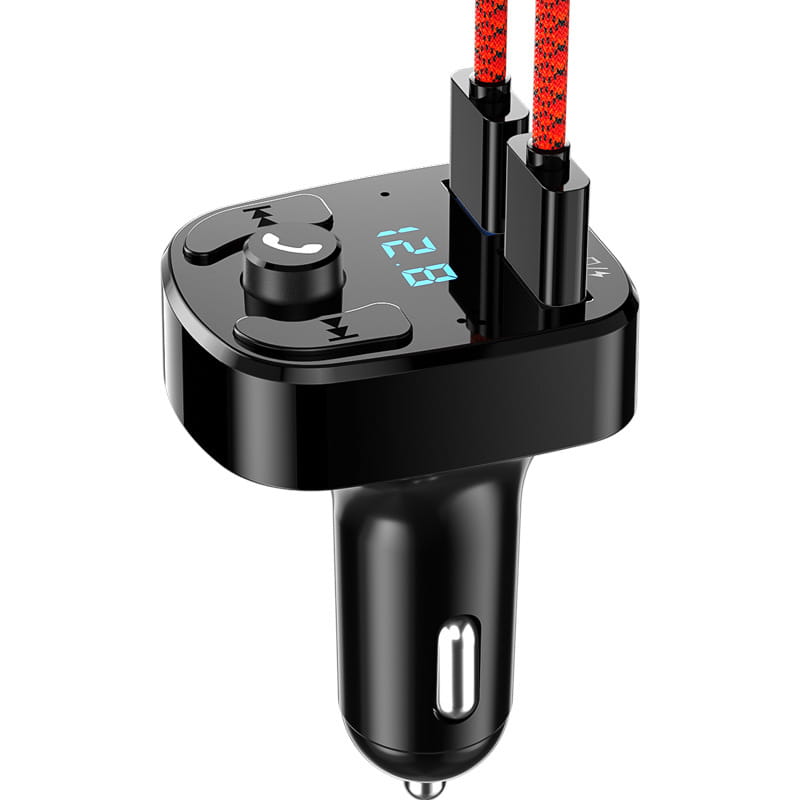 black usb car charger with lossless mp playing and built-in bluetooth audio controls featuring a digital display showing the time and red braided cables for use in cigarette lighter car outlets