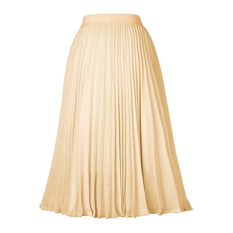 beige pleated midi large swing casual skirt with smooth flowing fabric and fitted waistband