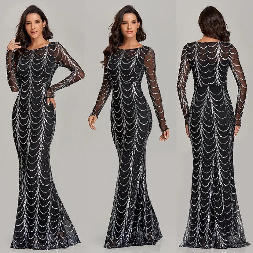 Black silver sequin mermaid women maxi dress with long sheer sleeves and cascading wave sequin pattern in black and silver.