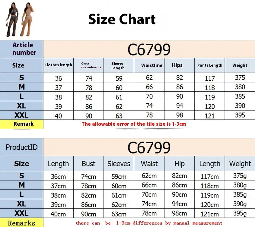 Size chart for the black gold color mesh rhinestone two piece set article number c6799 showing measurements in centimeters for sizes s through xxl highlighting the pure color mesh material.