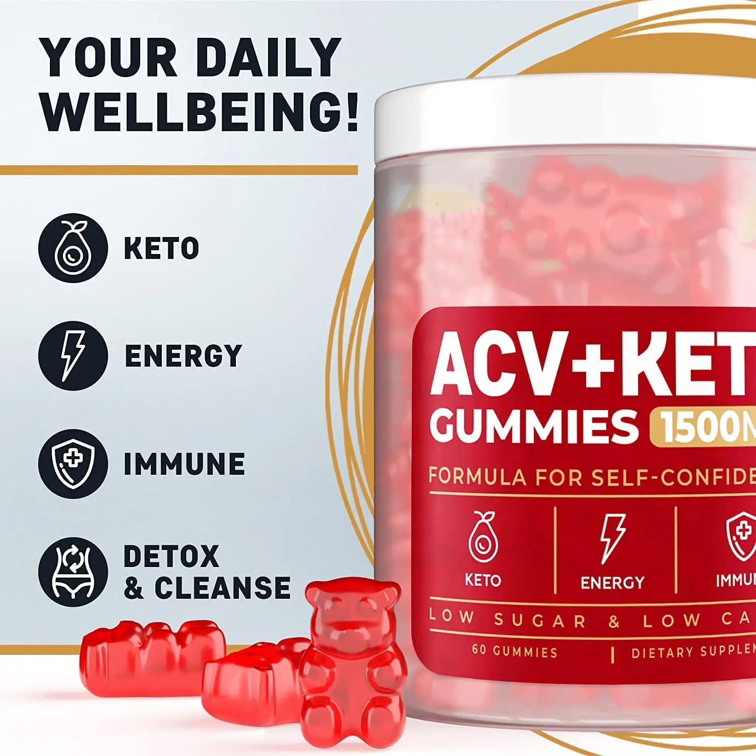 a clear cylindrical container with a white lid holds red bear-shaped soft candy gummies labeled ACV ketone 1500mg soft candy gummies 60 count