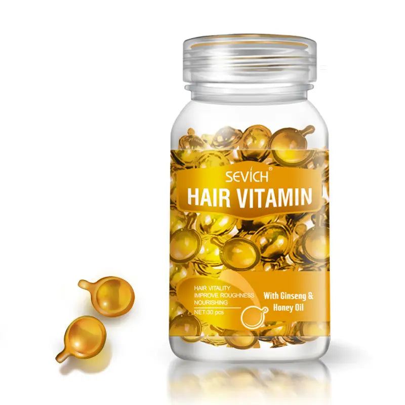 multicolor hair care capsules in transparent glass bottles by sevich featuring golden yellow care capsules with orange labels for enhanced hair care benefits.