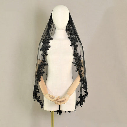 Exquisite Lace Black Veil Pearl Bridal Veil - Royalessencelux