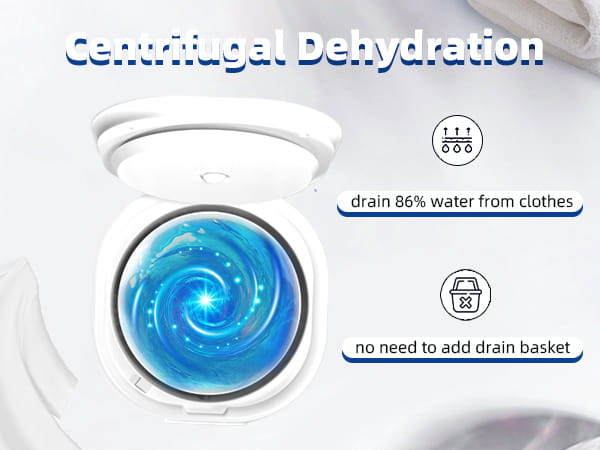 portable white mini underwear washing machine featuring a white circular design with a glowing blue swirling interior for centrifugal dehydration of clothes