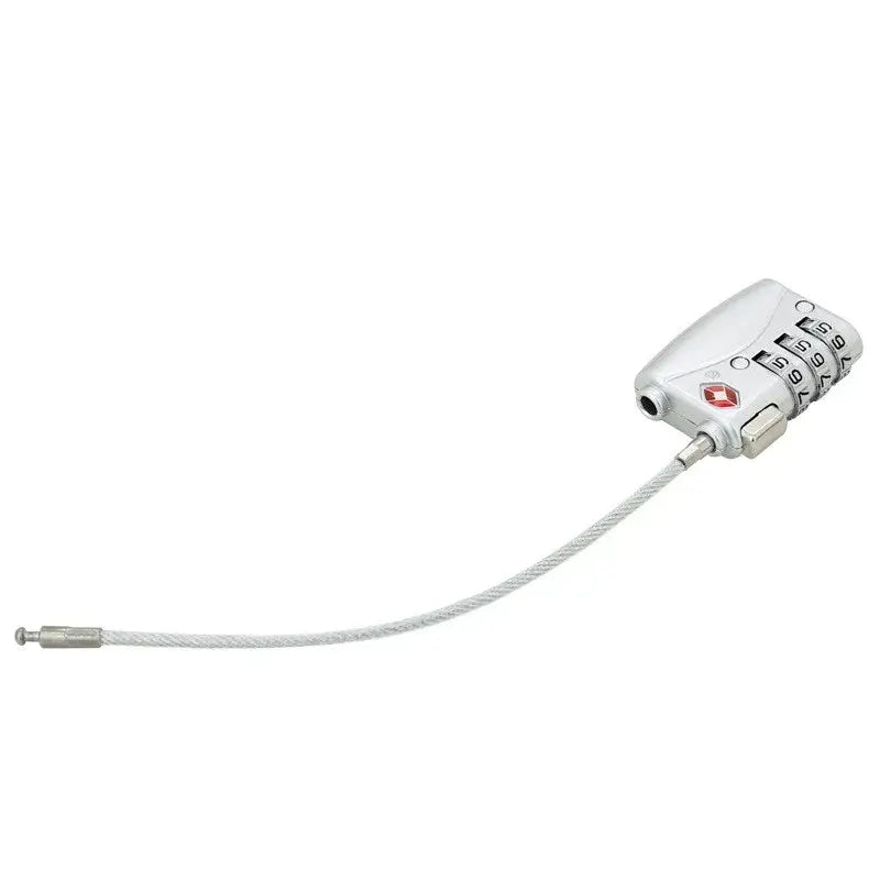 Tsa approved suitcase travel cable lock in silver with a braided steel cable and four rotating dials for secure suitcase travel.