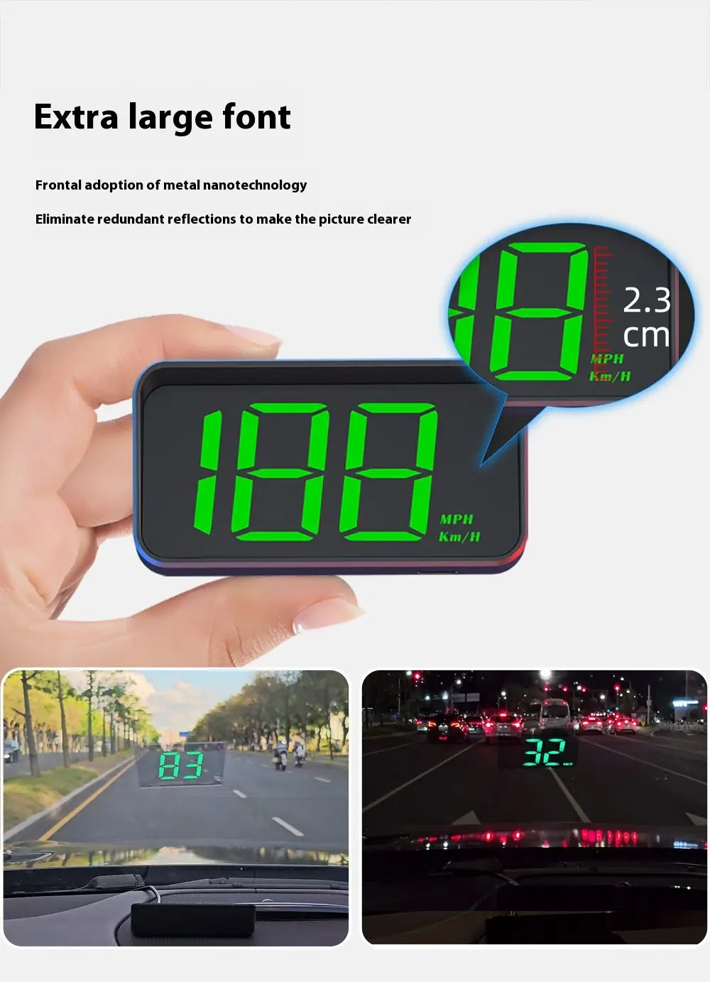 Universal head-up display car gps velometer with a green digital speedometer display showing mph and km/h readings in a black rectangular casing with blue trim.