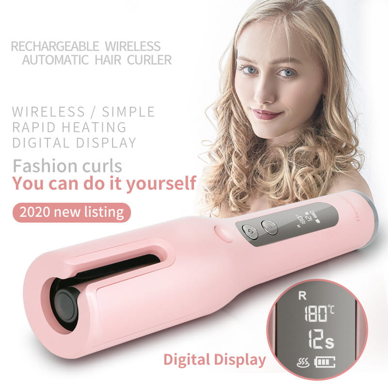 pink wireless automatic curler with a usb lcd screen featuring a digital display showing temperature and time settings designed for effortless styling.