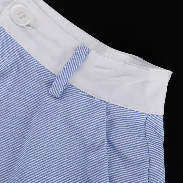 blue and white striped cotton trousers with a crisp white waistband complementing the lace splicing sling vest and big swing skirt set