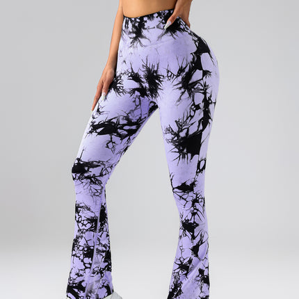 High-Waist Tummy Control Flare Yoga Pants For Women, Tie-Dye Stretch Slimming Bootcut Workout Pants, Fitness & Sports Activewear - Royalessencelux