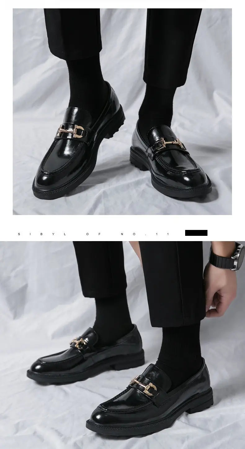 Black patent leather horsebit loafers male with gold-tone metal buckle accent for male fashion formal wear