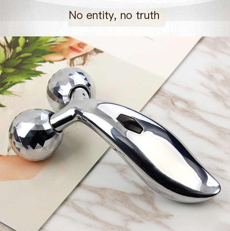 silver facial roller massage device with shiny chrome finish and two faceted diamond-like spherical ends shown in a massage device image