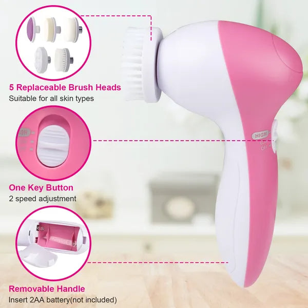 Electric Spin Facial Cleansing Brush with 5 Brush Heads - Exfoliating Face Scrubber & Massager