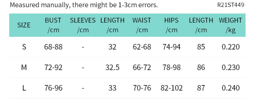 the size chart for the black and pink one shoulder casual suit set displays measurements in centimeters and kilograms across sizes s, m, and l for this casual suit set.