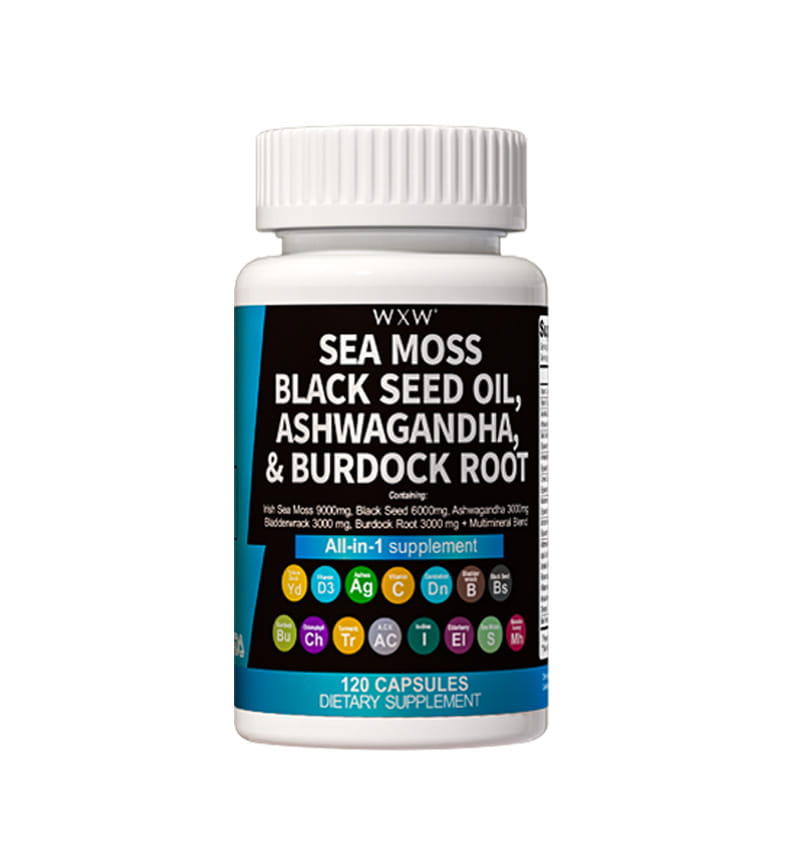 white plastic bottle with white ribbed cap labeled wxx sea moss black seed oil ashwagandha and burdock root as an all in one dietary supplement containing 120 capsules seaweed capsules for health and wellness.