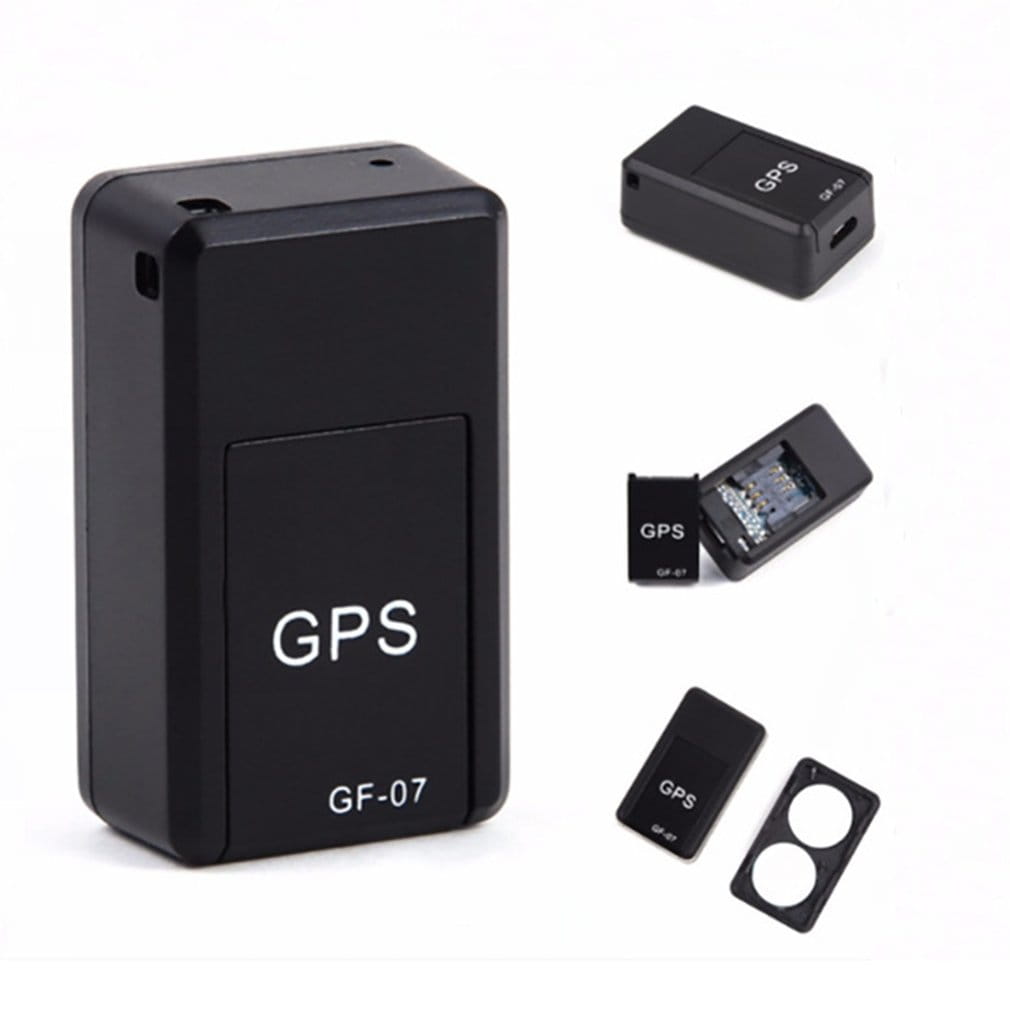 Black rectangular gf07 real time magnetic mini gps tracker device with gps and gf-07 printed in white designed for sim card use.
