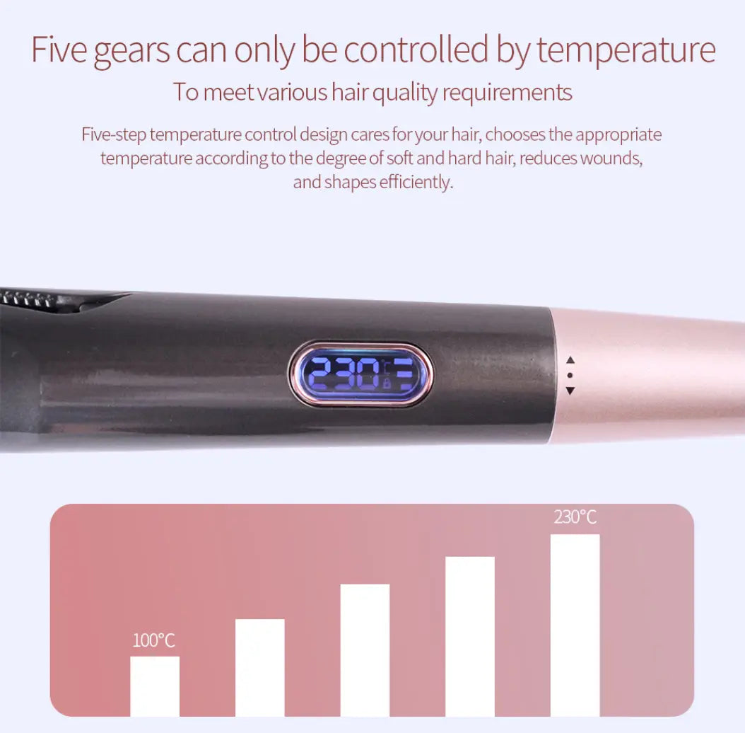 Rose gold and black gold ceramic flat iron with digital temperature display showing 230°c designed for curly hair care and care straight long.